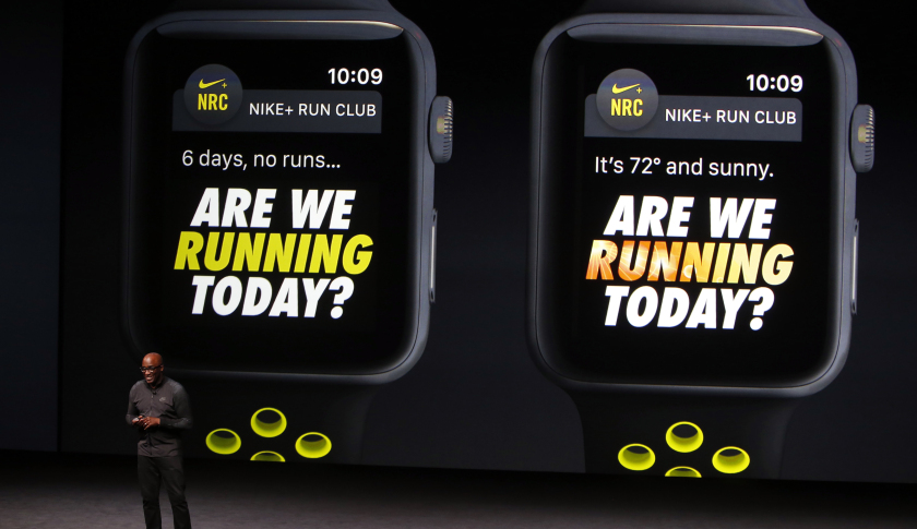 Trevor Edwards discusses the Apple Watch with Nike+ during a media event in San Francisco