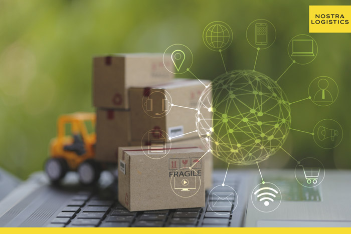 Logistic, supply / Online shopping concept:  Fork-lift truck mov