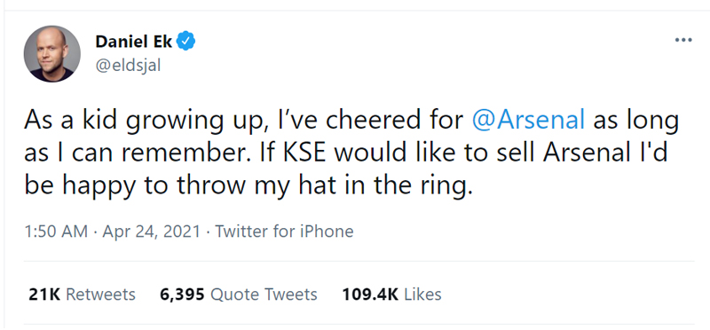 Daniel-Ek-Arsenal-Tweet