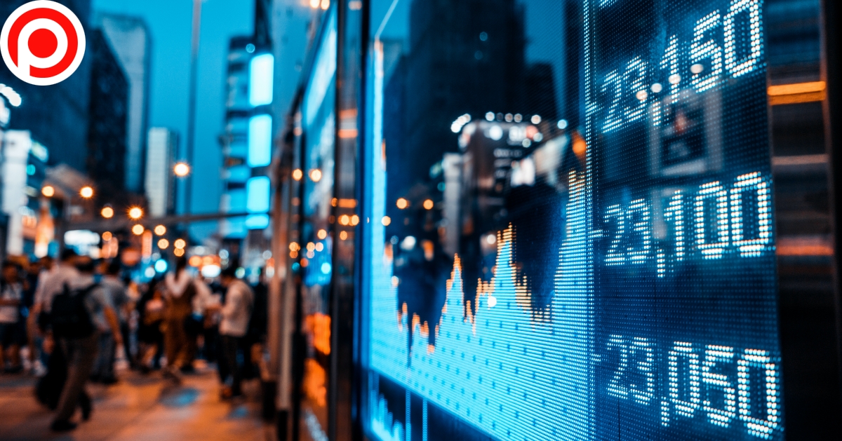 invest economy Display,Of,Stock,Market,Quotes,With,City,Scene,Reflect,On