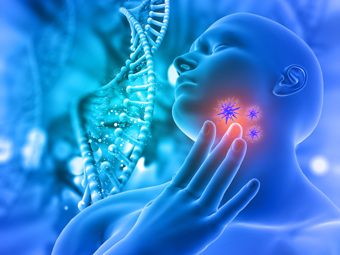 3D Medical background with male figure holding throat in pain wi