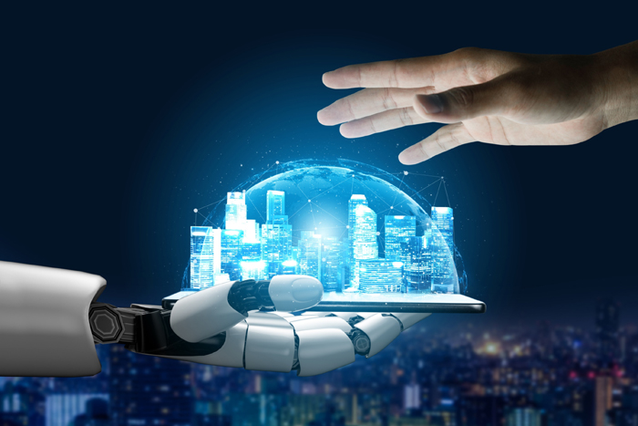 Futuristic robot artificial intelligence concept.