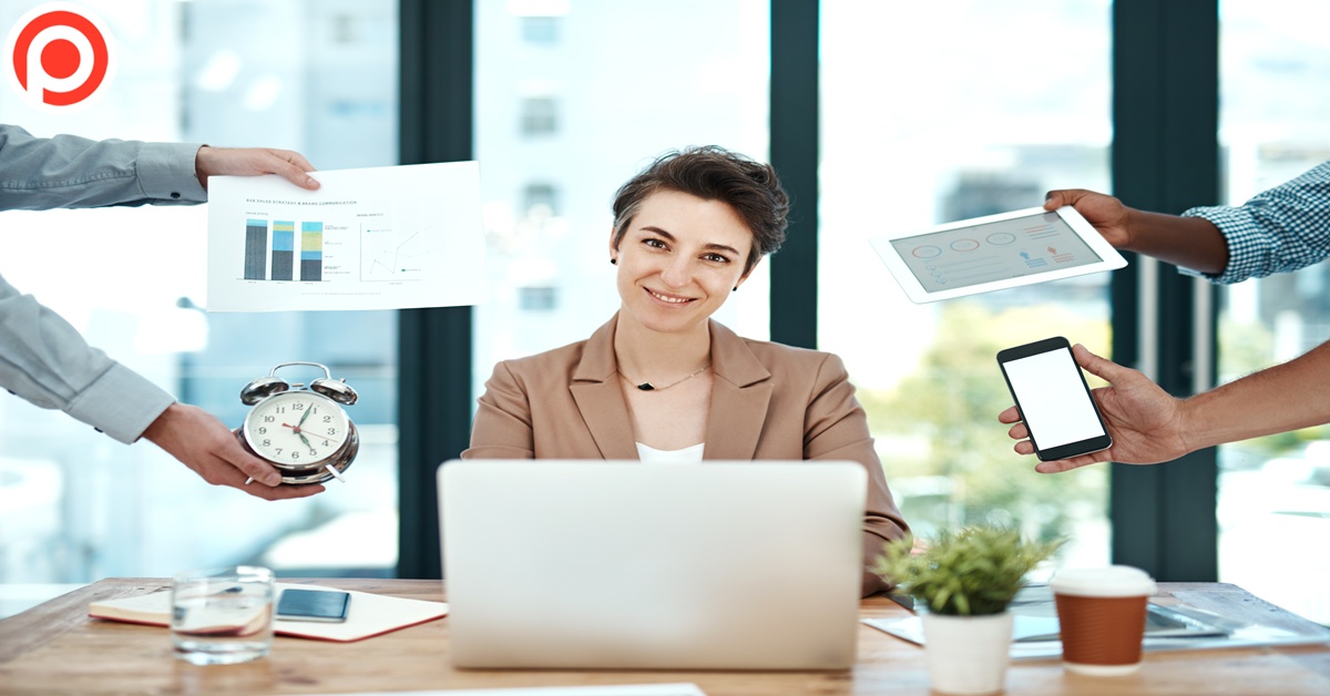 Happy,Woman,,Multitasking,And,Group,With,Hands,,Office,Or,Portrait